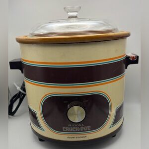 Vintage Rival Crock Pot 3.5 Qt Slow Cooker Retro 70s Brown Stripe Kitchen